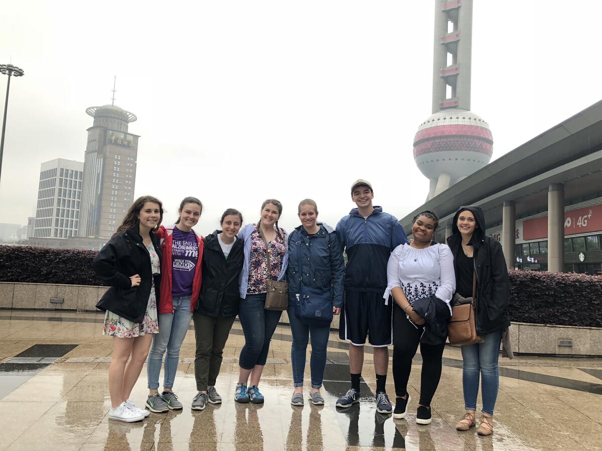 Student Group outside Oriental Pearl Tower in Shanghai 